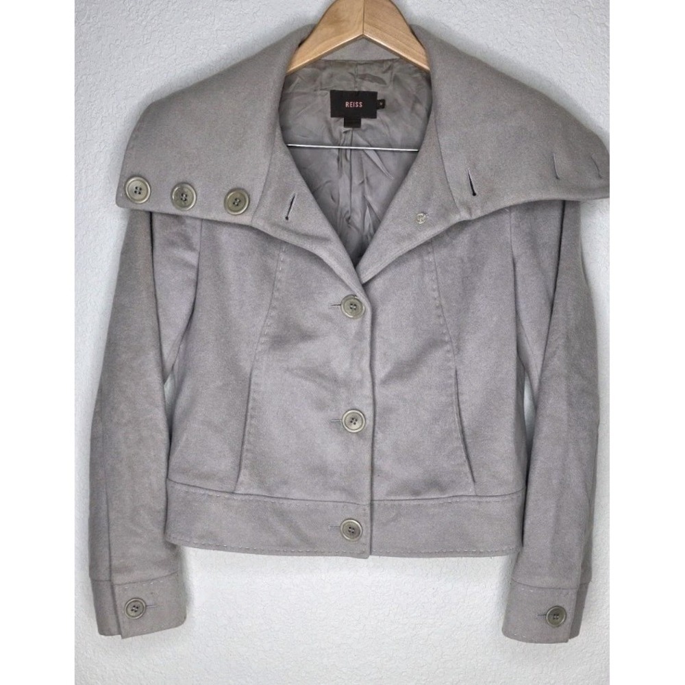 REISS Wool Cashmere Woman M Button Coat Jacket Beige Bomber Long Sleeve Luxury